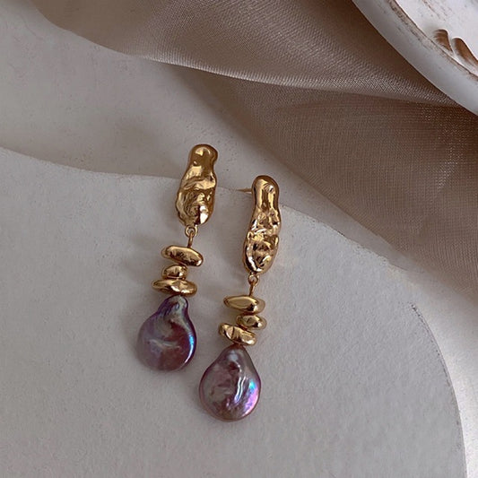 Boucles d'oreilles en perles baroques uniques et naturelles avec un bouton en aigue-marine, style français, avec une touche de luxe, aiguille en argent
