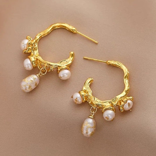 Boucles d'oreilles en perles d'eau douce naturelles au design irrégulier, style ins, avec tige en argent 925, élégance divine