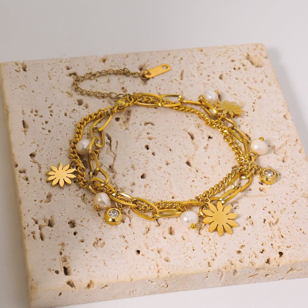 Bracelet en perles d'eau douce naturelles, bracelet haut de gamme au style ins, bijou pour femme en acier titane, ne se décolore pas, vintage