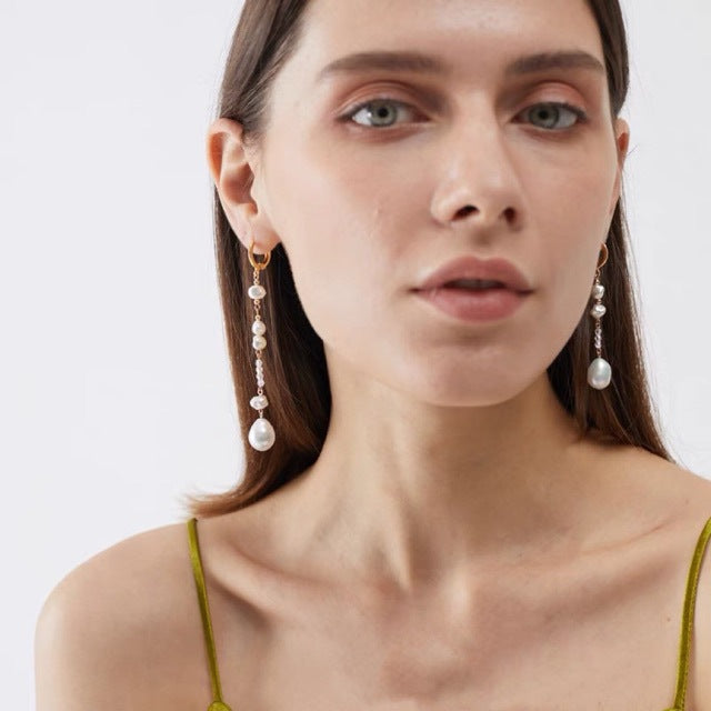 Boucles d'oreilles asymétriques vintage à la mode en forme de goutte d'eau en perles naturelles, style baroque d'eau douce
