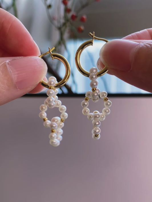 Boucles d'oreilles créoles entrelacées en perles naturelles, argent sterling S925